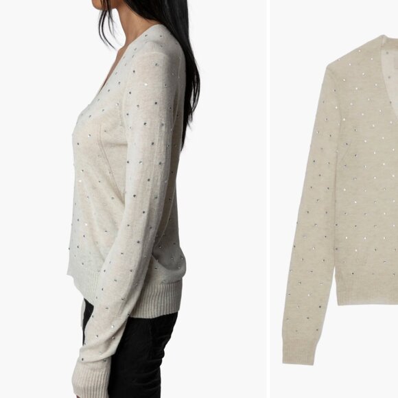 Zadig & Voltaire ELYA CP STRASS V-Neck Crystal Cashmere V-Neck Sweater Size XS - Picture 3 of 13